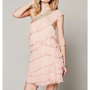 Free People Women's Maheya Pink Chiffon Ruffle Tiered Dress Size 6 NWT